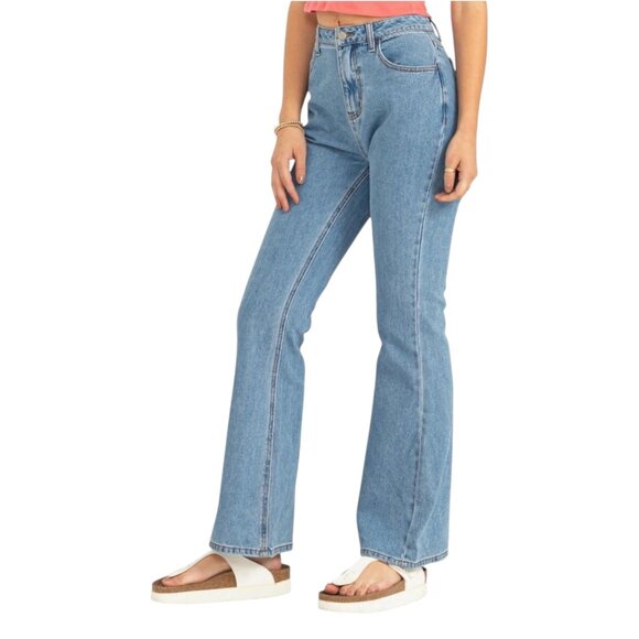 Blue High Waisted Zipper Fly 5 Pocket Flare bottom Jeans - Picture 6 of 6